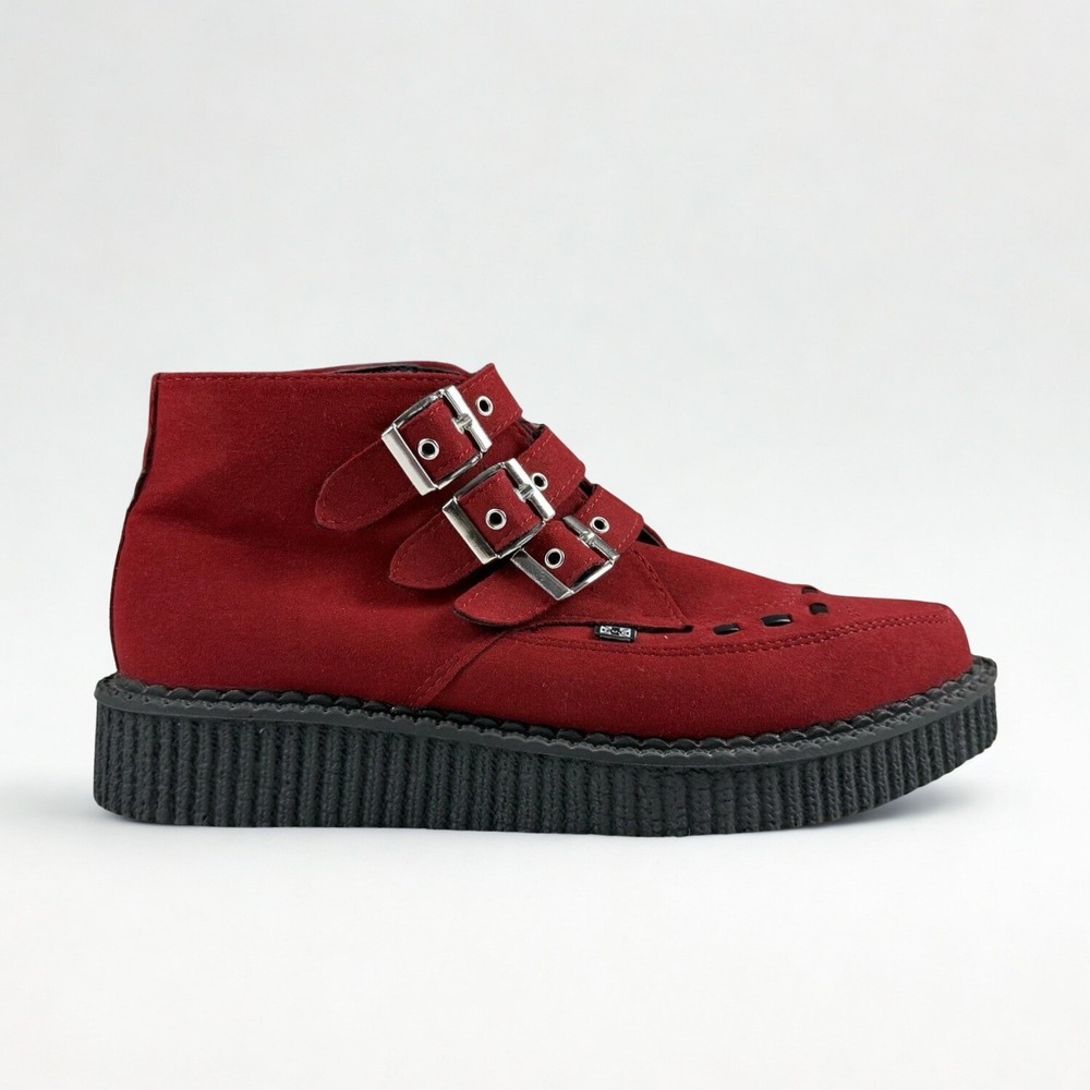 T.U.K. Creeper Boots 3-Buckle‎ Pointed Dark Red Faux Suede Mens 5 Womens 7 Goth